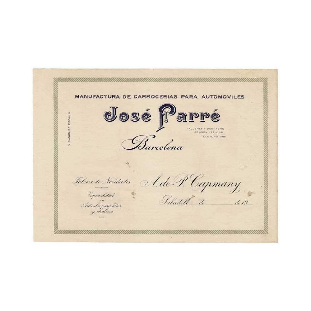 Membrete comercial Carrocerías José Parré. Fábrica de novedades A. de P. Capmany