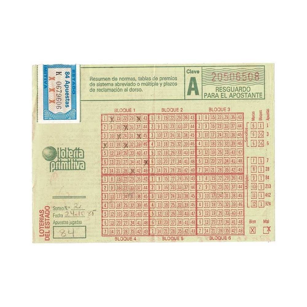 Resguardo Lotería Primitiva sellado 24-10-1985