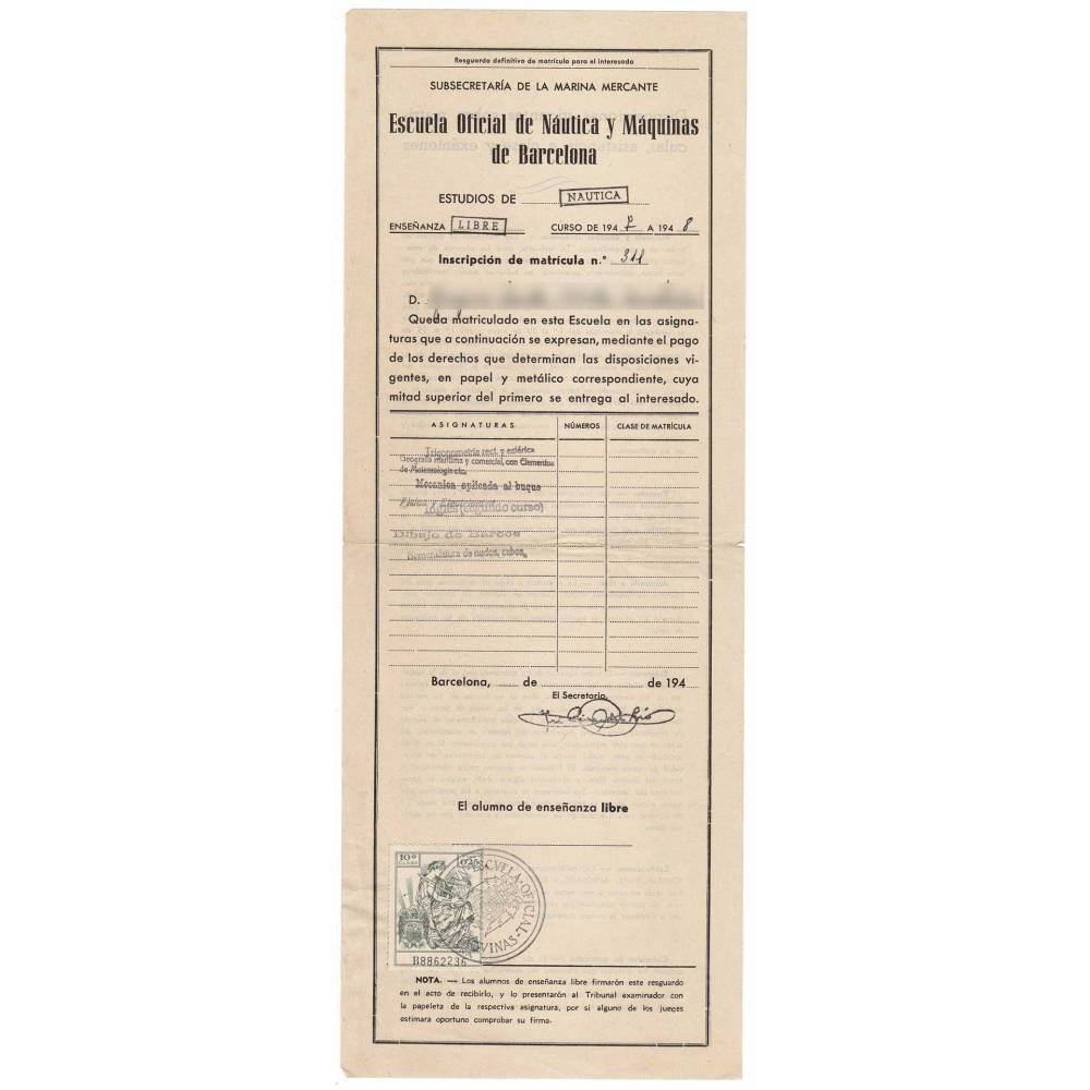 Resguardo de matrícula Escuela Oficial de Náutica y Máquinas de Barcelona 1947-1948