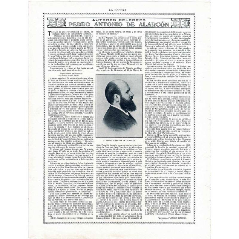 Recorte Revista La Esfera 1916. Autores célebres. Pedro Antonio de Alarcón